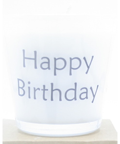kaars in wit glas met tekst happy birthday