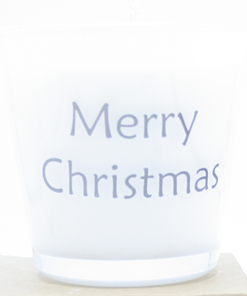 kaars in wit glas met tekst merry christmas