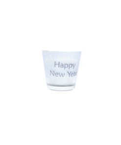 kaars in zilver glas met tekst happy new year