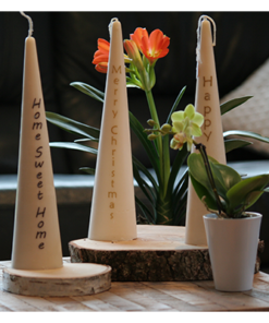 Conical candles with text